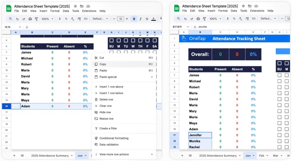 add unlimited student names in google sheets attendance