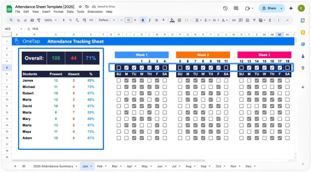 attendance calculations in google sheets