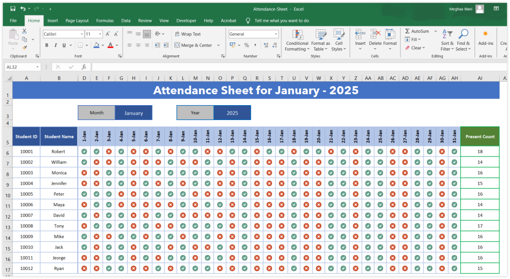 total attendance sheet in excel