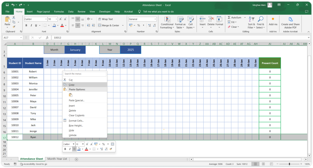 attendance tracker in excel