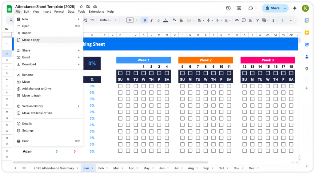 google sheets attendance template