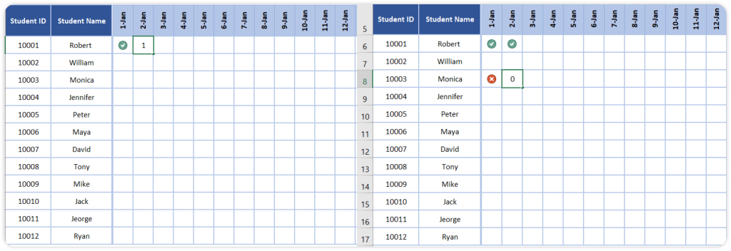 mark attendance in excel