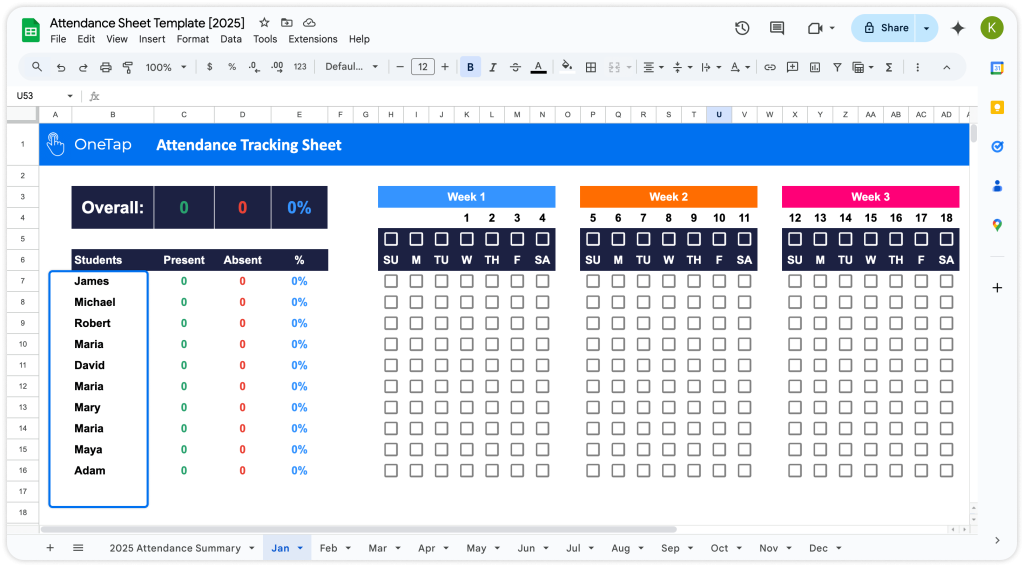 student names in google sheets